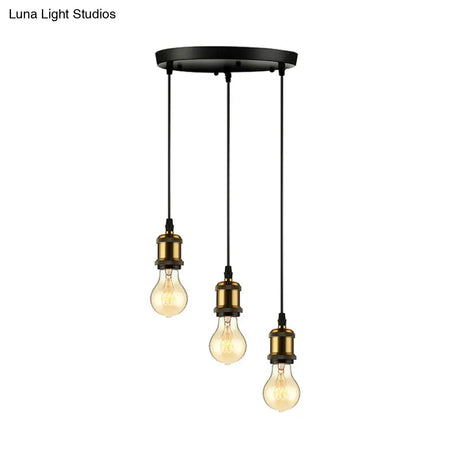 Vintage Brass Pendant Light With Exposed Bulbs And Adjustable Cord - 3/5 Lights Round/Linear Canopy
