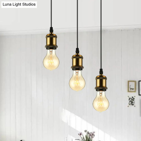 Vintage Brass Pendant Light With Exposed Bulbs And Adjustable Cord - 3/5 Lights Round/Linear Canopy