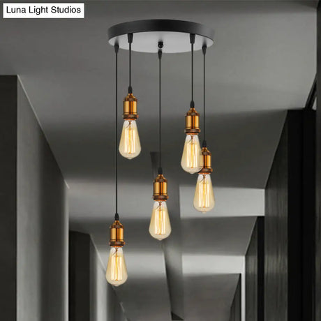 Vintage Brass Pendant Light With Exposed Bulbs And Adjustable Cord - 3/5 Lights Round/Linear Canopy
