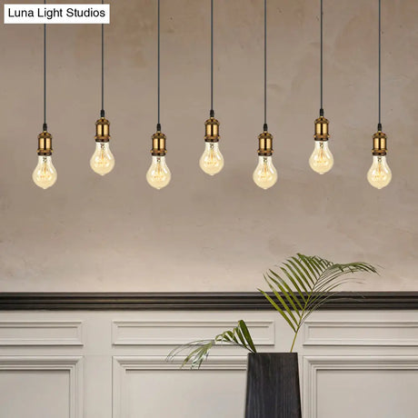 Vintage Brass Pendant Light With Exposed Bulbs And Adjustable Cord - 3/5 Lights Round/Linear Canopy