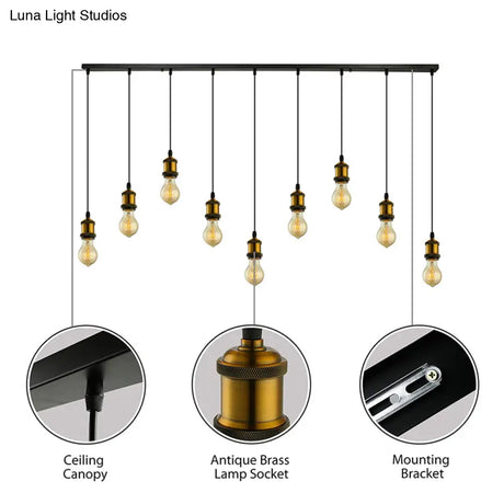 Vintage Brass Pendant Light With Exposed Bulbs And Adjustable Cord - 3/5 Lights Round/Linear Canopy