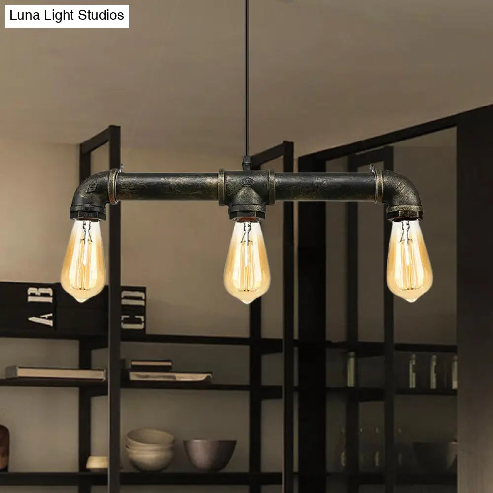 Vintage Brass Pipe Ceiling Light Fixture With Open Bulb - Iron 3 Lights Indoor Island Pendant