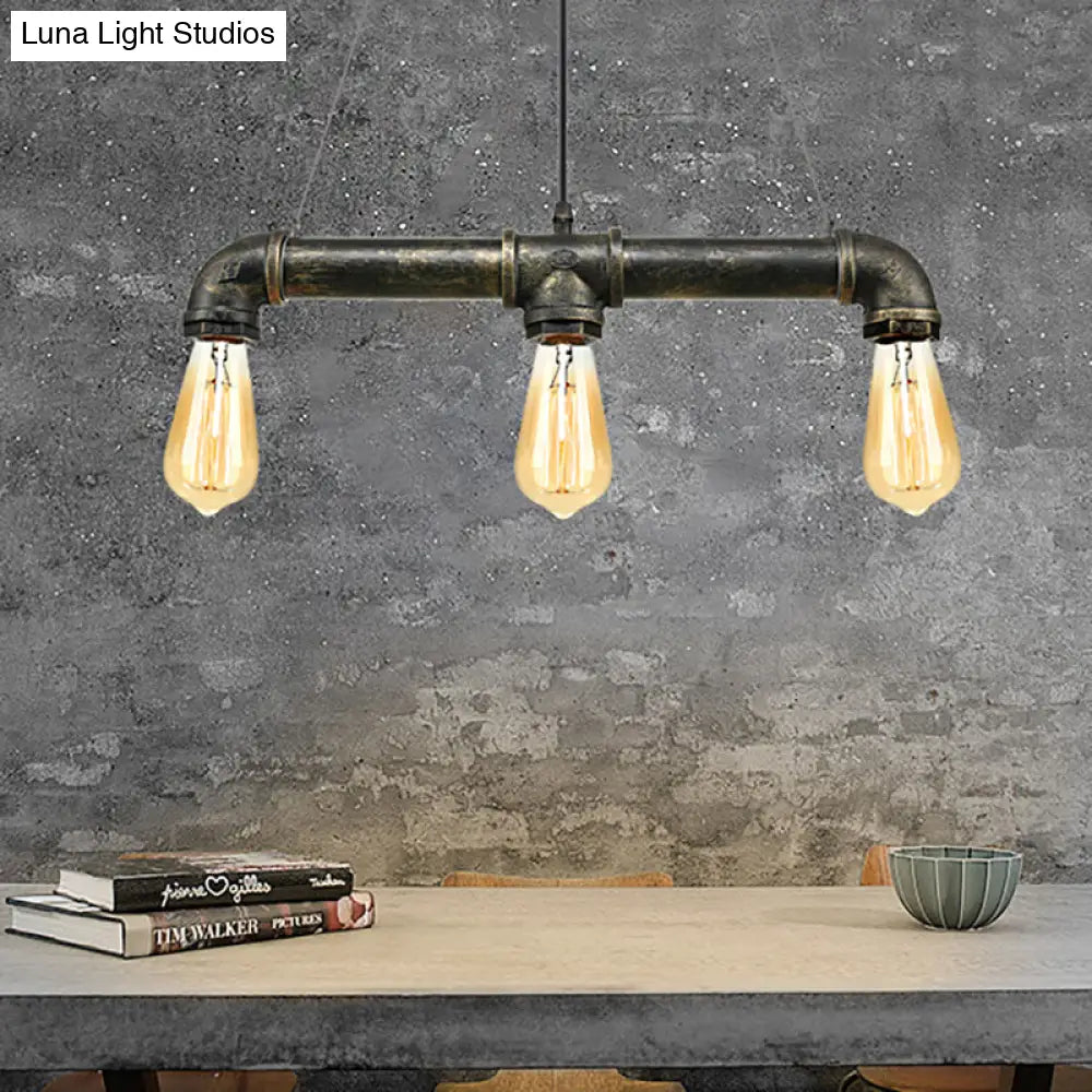 Vintage Brass Pipe Ceiling Light Fixture With Open Bulb - Iron 3 Lights Indoor Island Pendant