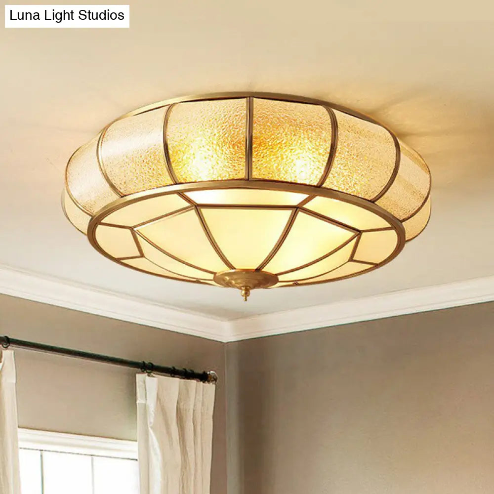 Vintage Brass Round Flush Mount Ceiling Light Fixture For Bedroom With Water Glass Accent