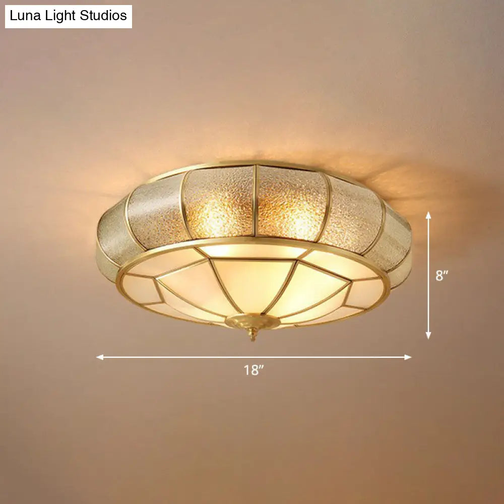 Vintage Brass Round Flush Mount Ceiling Light Fixture For Bedroom With Water Glass Accent