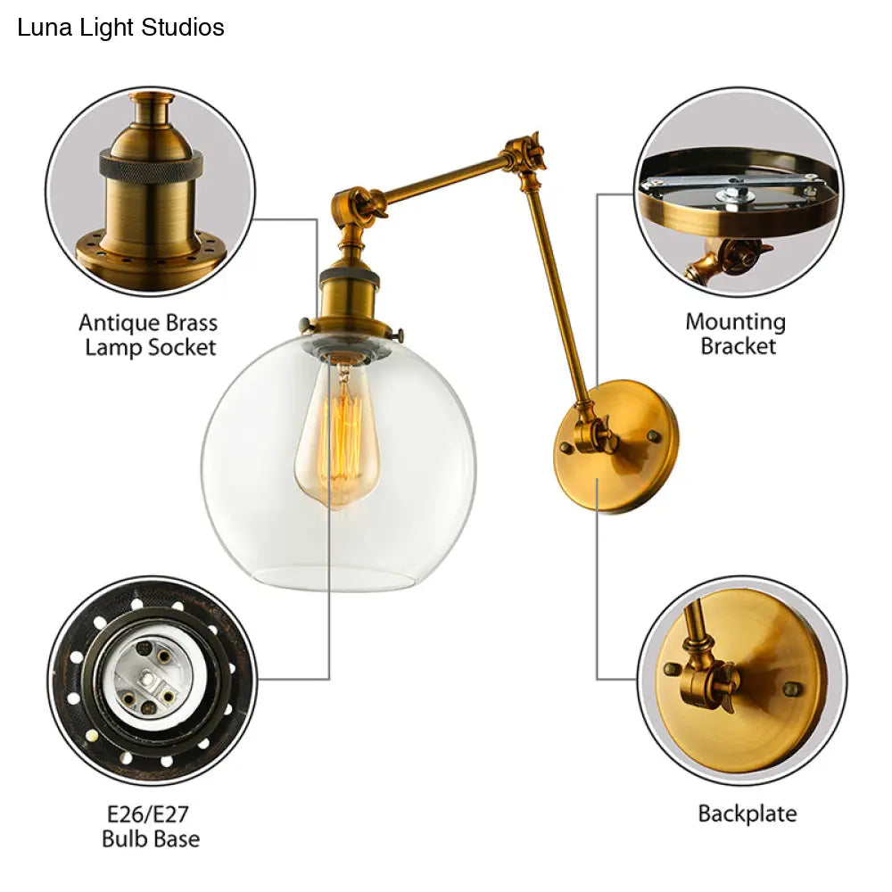 Vintage Brass Sconce: Clear Glass Spherical Lighting Fixture For Bedroom