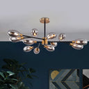 Vintage Brass Semi Mount Close To Ceiling Light With Smoke Grey Glass Shade - 12-Bulb Parlor