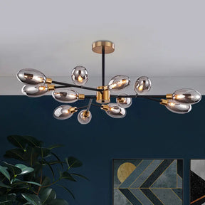 Vintage Brass Semi Mount Close To Ceiling Light With Smoke Grey Glass Shade - 12-Bulb Parlor