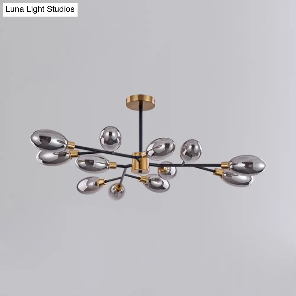 Vintage Brass Semi Mount Close To Ceiling Light With Smoke Grey Glass Shade - 12-Bulb Parlor
