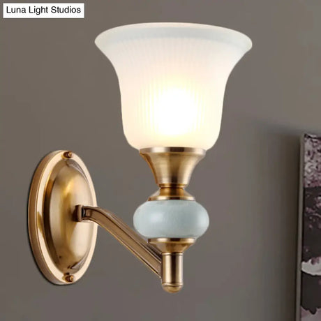 Vintage Brass Wall Light With Frosted Glass Bell Shade Half-Head Lighting For Bedroom