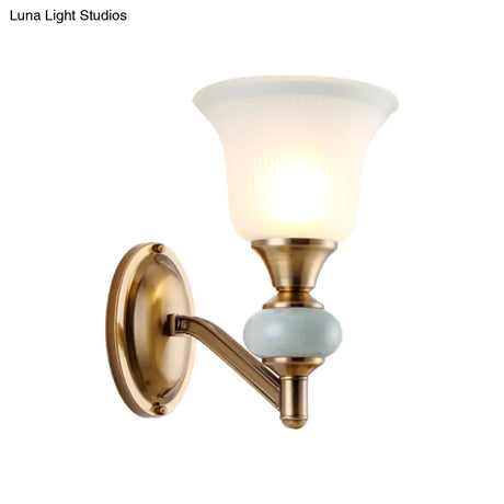 Vintage Brass Wall Light With Frosted Glass Bell Shade Half-Head Lighting For Bedroom