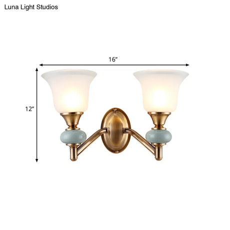 Vintage Brass Wall Light With Frosted Glass Bell Shade Half-Head Lighting For Bedroom