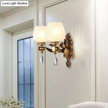 Vintage Brass Wall Light With Milky Glass And Crystal Accents