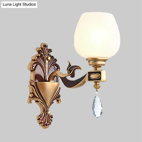 Vintage Brass Wall Light With Milky Glass And Crystal Accents