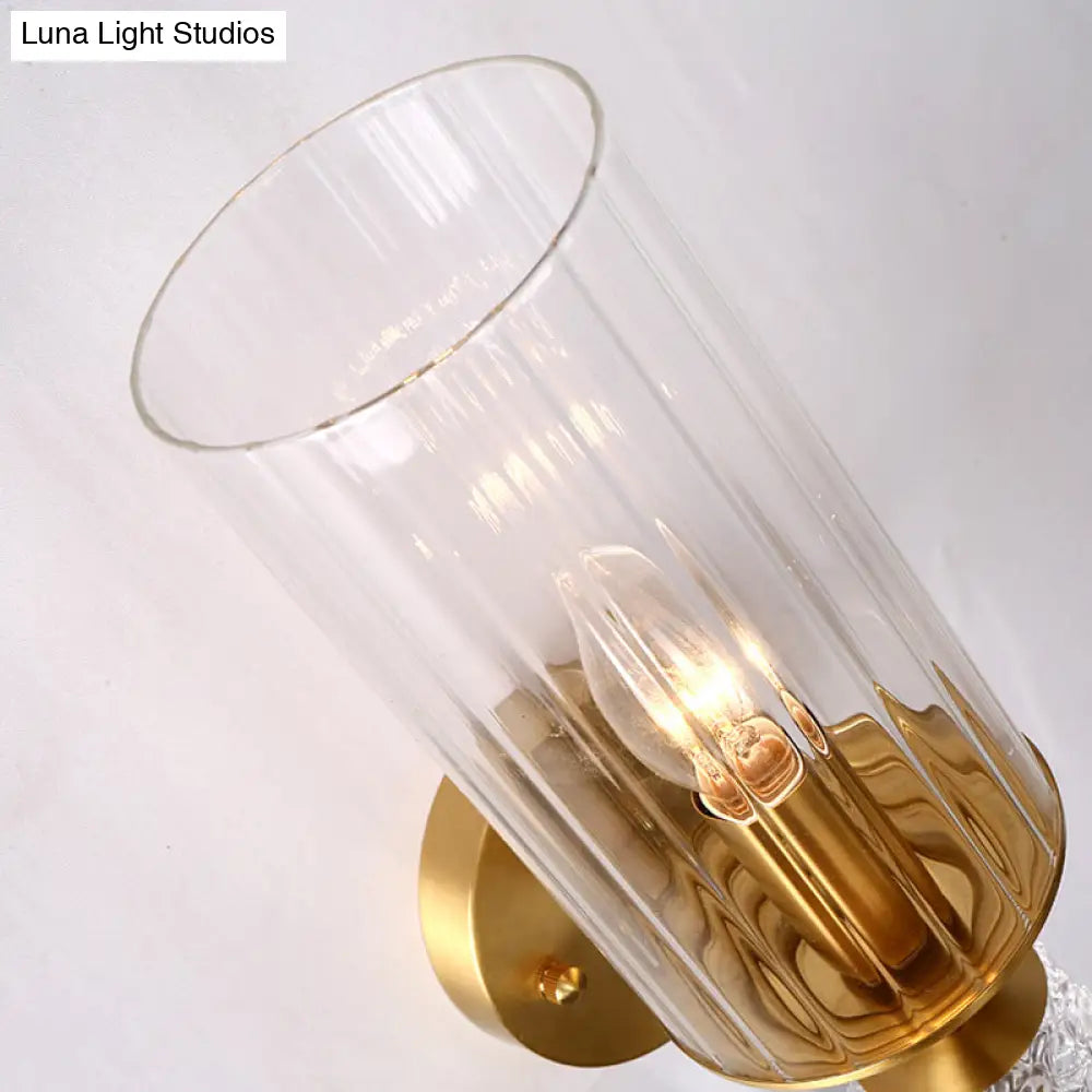 Vintage Brass Wall Mounted Bedside Lighting Fixture With Clear Glass Shade And 1 Bulb