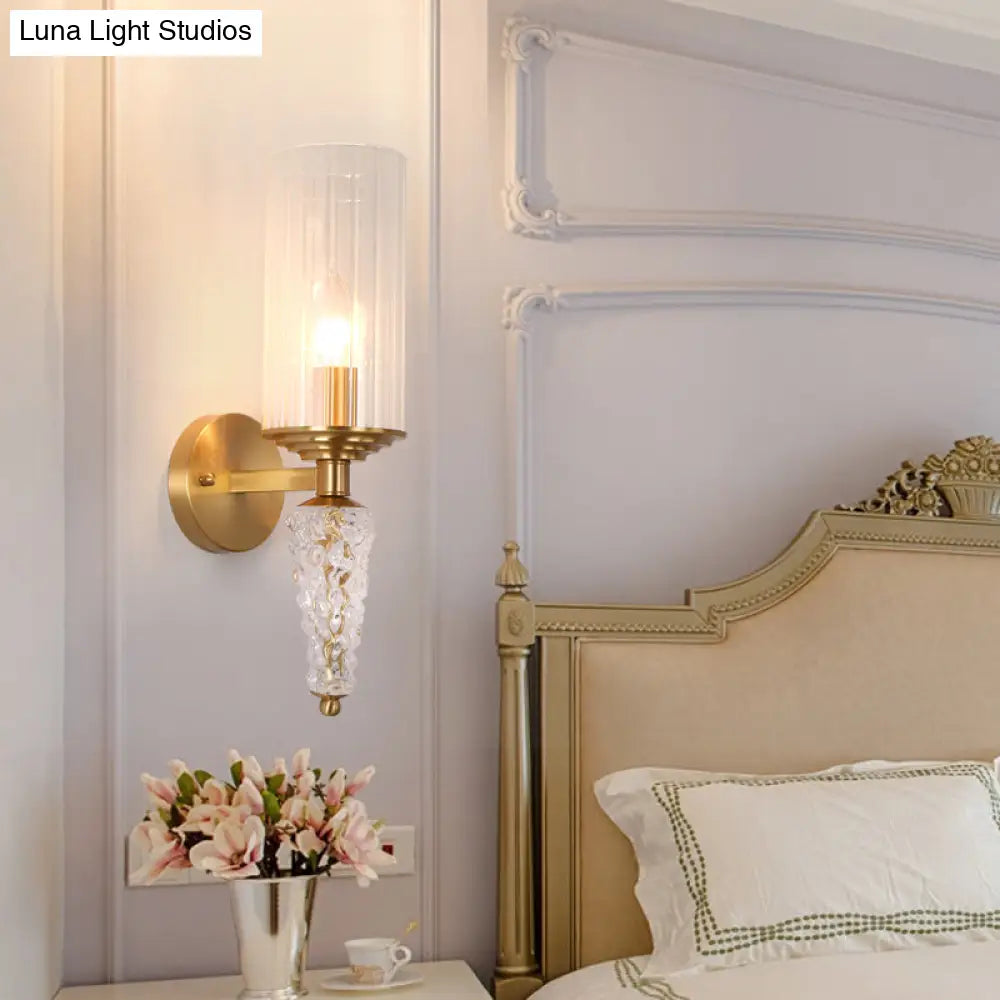 Vintage Brass Wall Mounted Bedside Lighting Fixture With Clear Glass Shade And 1 Bulb