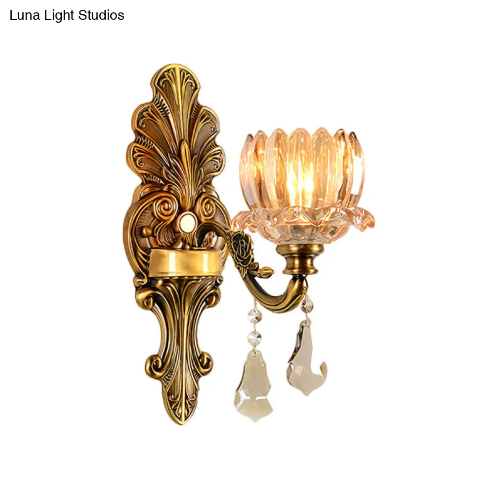 Vintage Brass Wall Sconce With Clear Glass Shade - Mid Century Flower Design 1/2-Light Mount Lamp