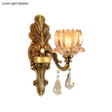 Vintage Brass Wall Sconce With Clear Glass Shade - Mid Century Flower Design 1/2-Light Mount Lamp