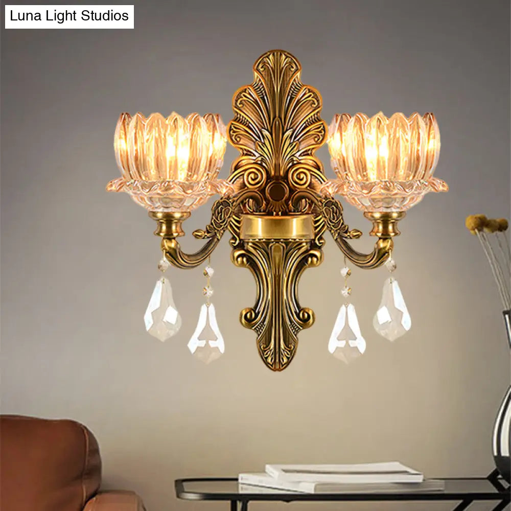 Vintage Brass Wall Sconce With Clear Glass Shade - Mid Century Flower Design 1/2-Light Mount Lamp