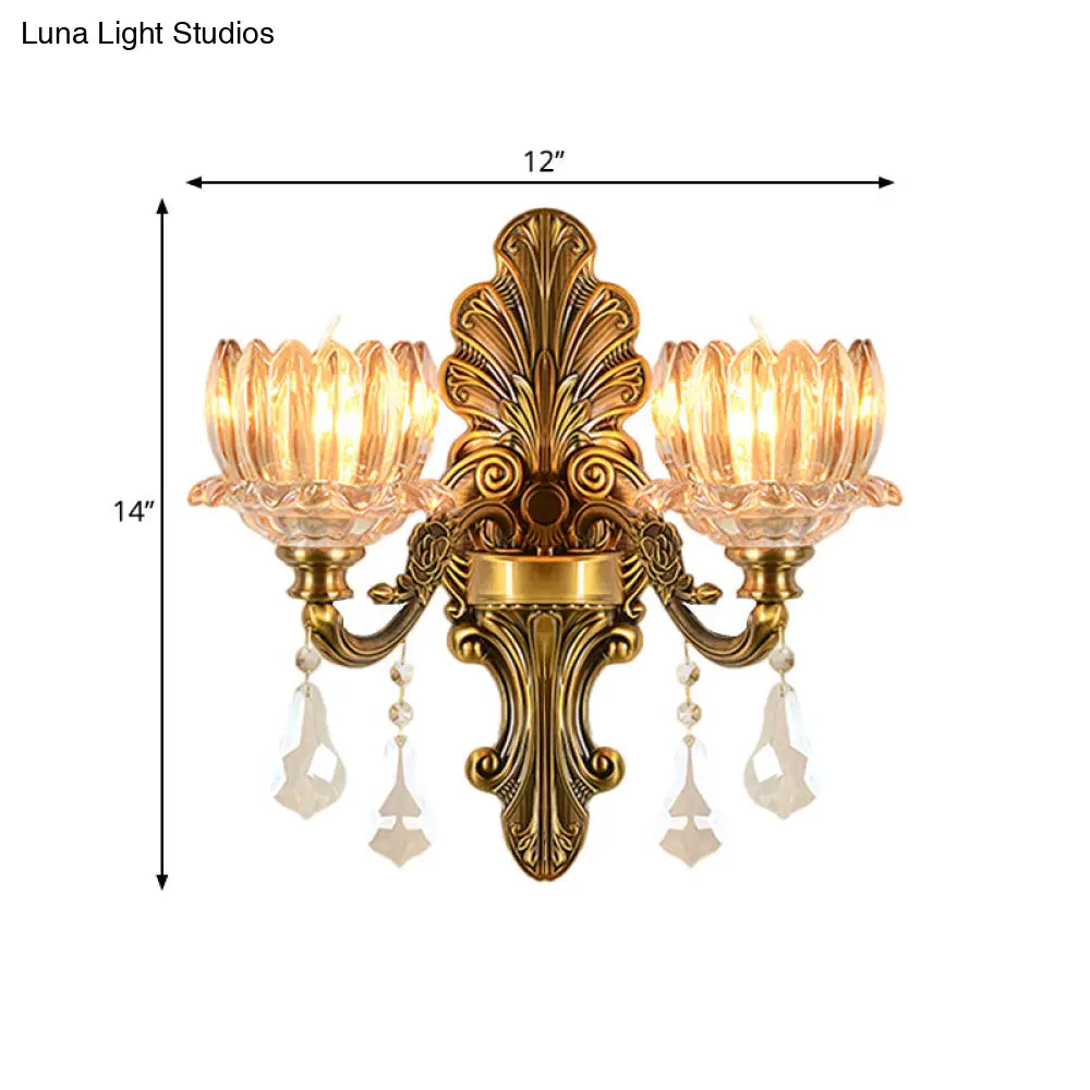 Vintage Brass Wall Sconce With Clear Glass Shade - Mid Century Flower Design 1/2-Light Mount Lamp