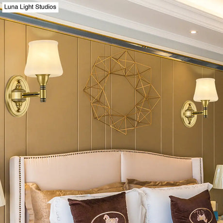 Vintage Brass Wall Sconce With Milk Glass Cone Shade For Bedroom
