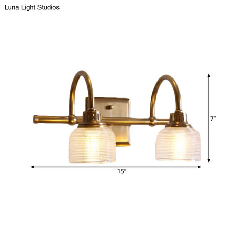 Vintage Brass Wall Sconce With Ribbed Glass Shade For Bathroom Vanity - 1/2/3 Light Options