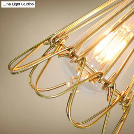 Vintage Brass Wire Frame Pendant Lamp W/ Ruffled Edge - Metallic 1-Light Hanging Light For Living