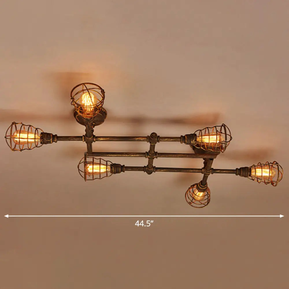 Vintage Bronze Coffee Shop Ceiling Light Fixture Iron Twisted Pipe Semi Flush With Cage 6 /