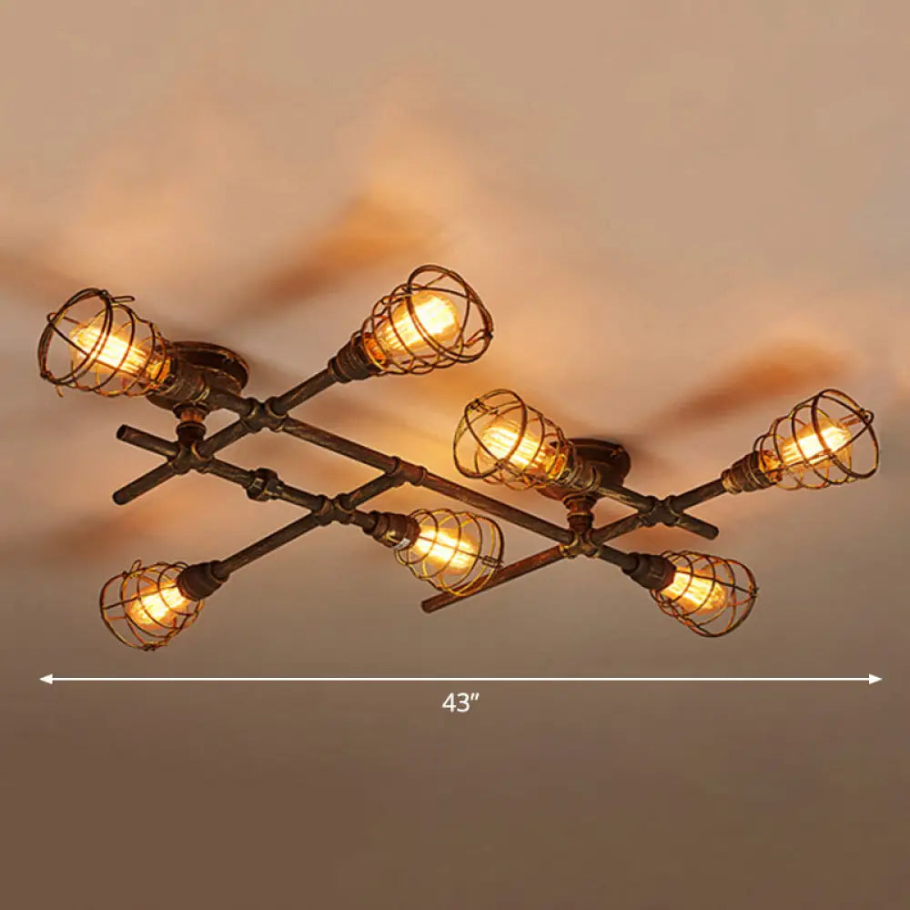 Vintage Bronze Coffee Shop Ceiling Light Fixture Iron Twisted Pipe Semi Flush With Cage 7 /