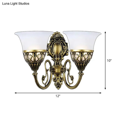 Vintage Bronze Wall Sconce With White Glass Bell Shade - 2 Light Hallway Lighting