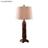 Vintage Brown Carved Base Table Lamp With Tapered Fabric Shade - Perfect For Study Rooms And Night