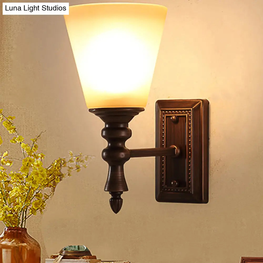 Vintage Brown Cone Shade Wall Mounted Lamp With Cream Glass - 1-Light Fixture For Living Room