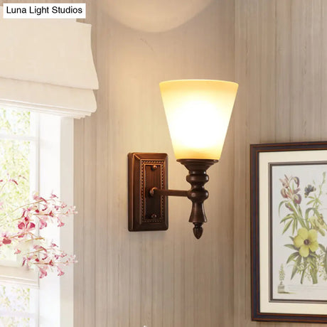 Vintage Brown Cone Shade Wall Mounted Lamp With Cream Glass - 1-Light Fixture For Living Room