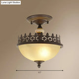 Vintage Brown Filigree Frame Flush Mount Ceiling Light With Frosted Glass Bowl