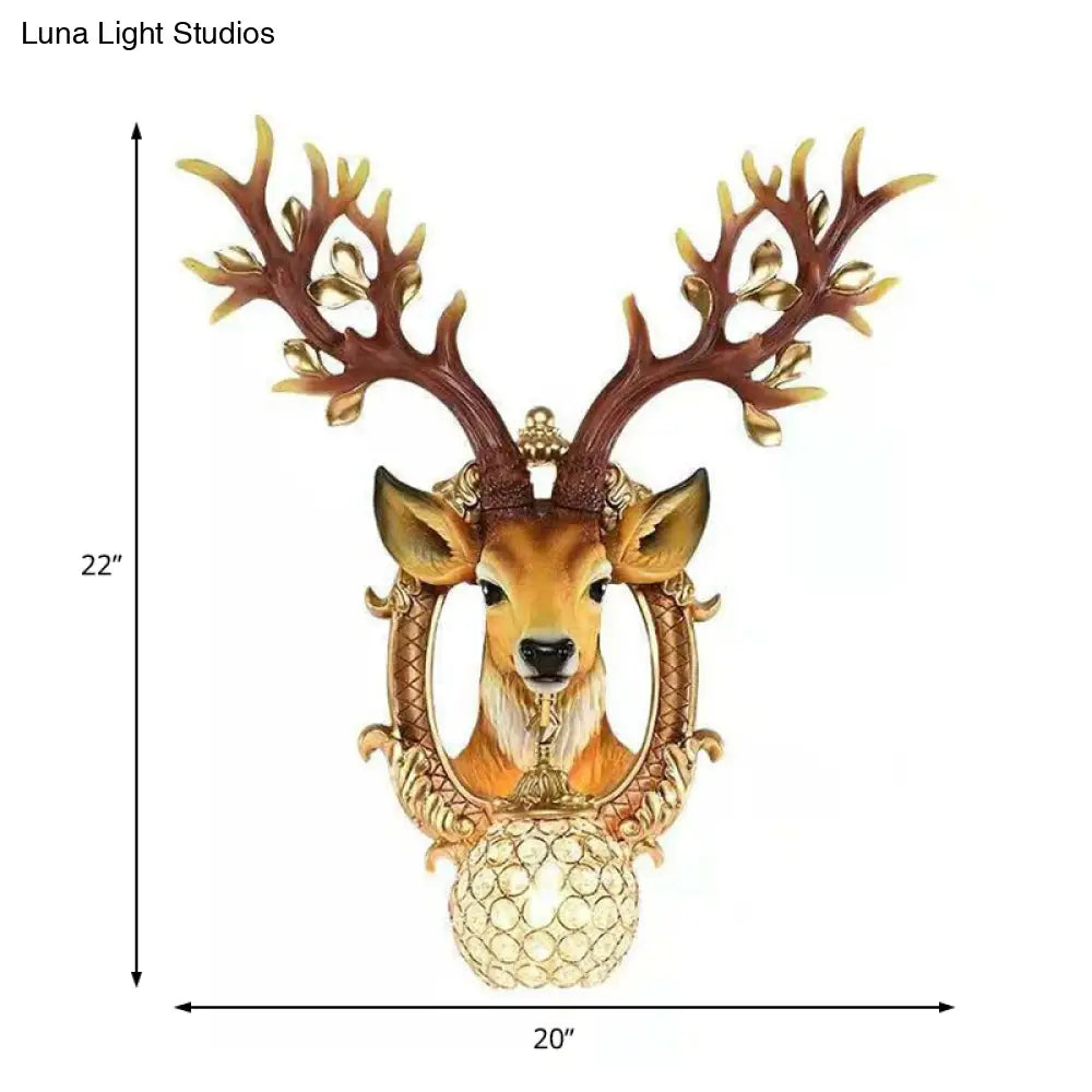 Vintage Brown Globe Wall Light - 1-Light Crystal And Metal Sconce With Deer Backplate
