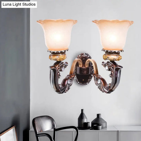 Vintage Brown Half-Head Wall Lamp With Pink And White Floral-Shaped Glass - Retro Lighting Fixture