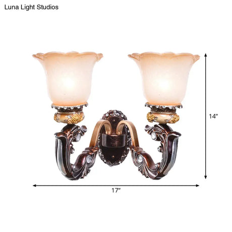 Vintage Brown Half-Head Wall Lamp With Pink And White Floral-Shaped Glass - Retro Lighting Fixture