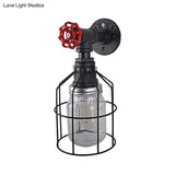 Vintage Caged Wall Light With Inner Jar Shade And Red Valve Glass Sconce Lighting In Blue/Clear