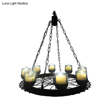 Vintage Candle Ceiling Light Fixture: Black Iron Chandelier With Cylinder Shade & Wheel Design -