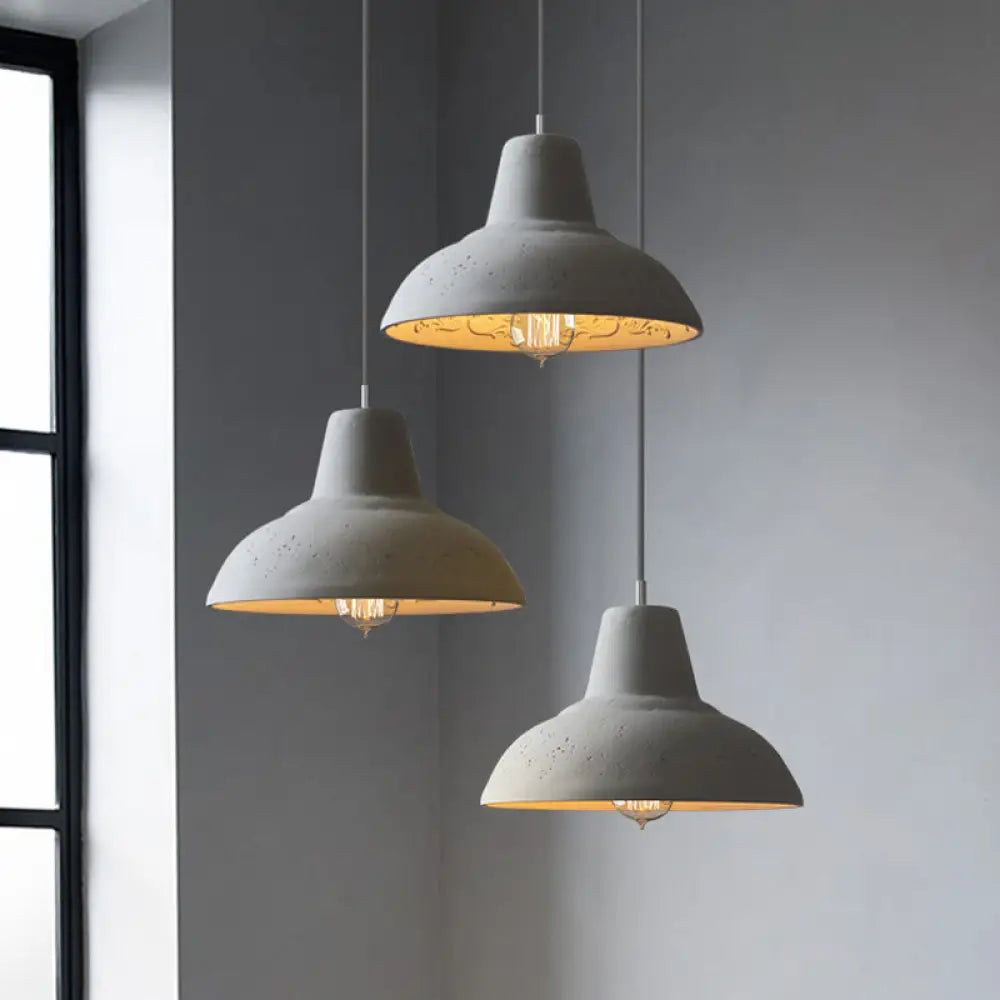 Vintage Cement Hanging Light Fixture - 1-Light Restaurant Ceiling Lamp In White/Grey With Carved