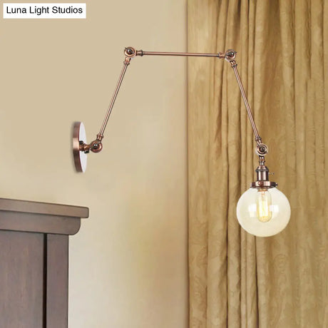Vintage Chrome/Copper/Bronze Orb Wall Sconce Lamp - Clear/Amber Glass Adjustable Arm 1 Light Ideal