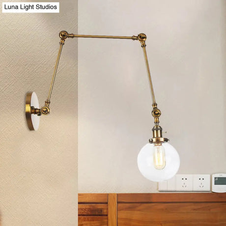 Vintage Chrome/Copper/Bronze Orb Wall Sconce Lamp - Clear/Amber Glass Adjustable Arm 1 Light Ideal