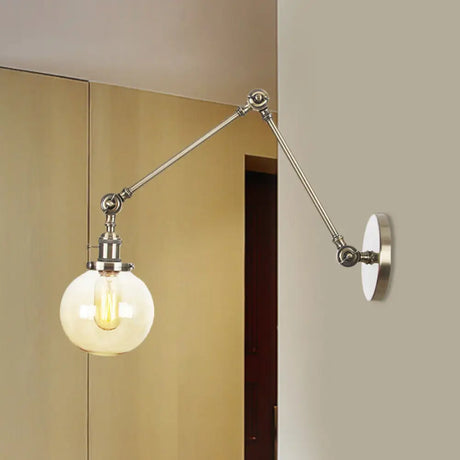 Vintage Chrome/Copper/Bronze Orb Wall Sconce Lamp - Clear/Amber Glass Adjustable Arm 1 Light Ideal