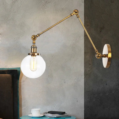 Vintage Chrome/Copper/Bronze Orb Wall Sconce Lamp - Clear/Amber Glass Adjustable Arm 1 Light Ideal