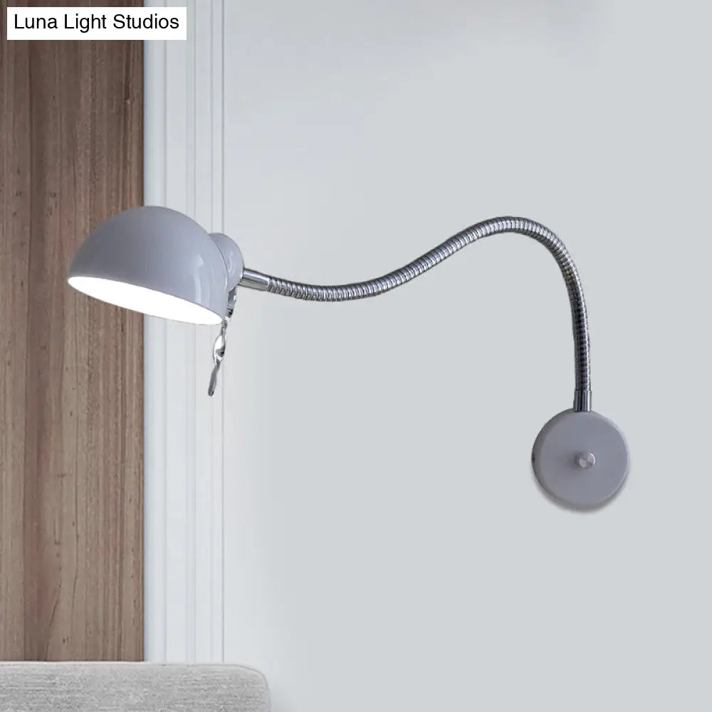 Vintage Chrome/White Metallic Wall Lamp With Flexible Arm And Dome Shade Perfect Bedside Sconce