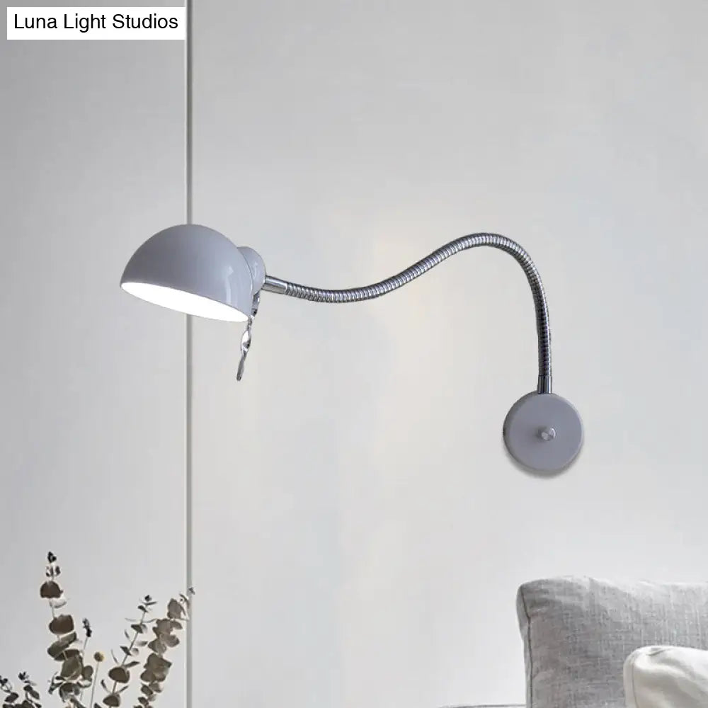 Vintage Chrome/White Metallic Wall Lamp With Flexible Arm And Dome Shade Perfect Bedside Sconce