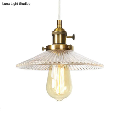 Vintage Clear Ribbed Glass Saucer Pendant Lighting For Coffee Shops - Black/Bronze/Brass Finish