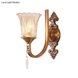 Vintage Cognac Glass Flower Wall Light With Brass Sconce Crystal Drop - 1/2 Heads