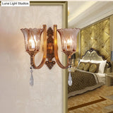 Vintage Cognac Glass Flower Wall Light With Brass Sconce Crystal Drop - 1/2 Heads