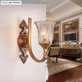 Vintage Cognac Glass Flower Wall Light With Brass Sconce Crystal Drop - 1/2 Heads